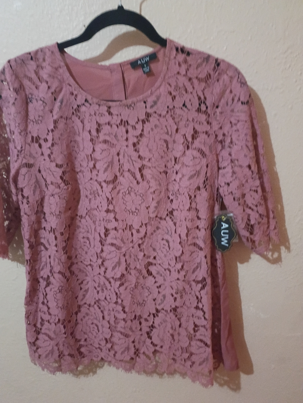 NWT AUW Size Small Rose Pink Lace Overlay Short Sleeve Blouse